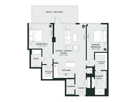 A black and white floor plan of an apartment with a living room, kitchen, two bathrooms, and two bedrooms.